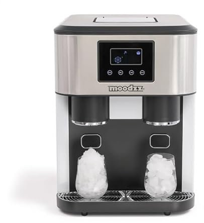 Moodzz Máquina de hielo 3 en 1 y dispensador de agua fría, hielo picado, 2 tamaños de cubitos de hielo, producción de hielo 15-18 kg/24H, pantalla LCD