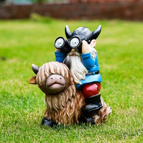 Joint Honglin Garden Gnome Statues Resin Gnome Sitting on Highland Cow Solar LED Lights Outdoor Telescope Gnome Decorations