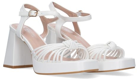 shoes&blues.es Sandalia de Tacon Ancho para Mujer, Comodo, con Estampado Multicolor, Pala con Tiras Enredadas, y Cierre de Hebilla