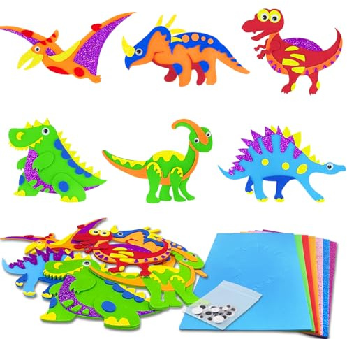 12 Pack Dinosaur Craft Kit for Kids, Arts and Crafts Supplies, Foam Stickers, Activity Packs for Children, Boys Girls Gift, Educational Toys