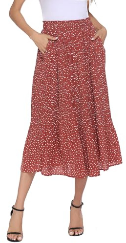 Parabler - Falda para mujer de gasa midi, elegante, con flores y lunares, cintura elástica, falda larga de verano, plisada, con bolsillos, rojo-1, S