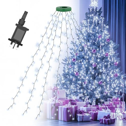 Gcstnn Christmas Tree Lights, 2m*16 Lines 400 LEDs Fairy Lights Mains Powered with 8 Light Modes,Memory & Timing Function,Waterproof for 1.5-2.5M(5-10ft) Christmas Tree Indoor and Outdoor- Cool White