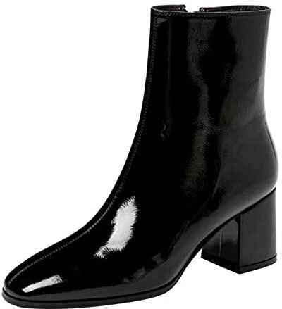 XINSDOAKK Ankle Boots for Women Patent Pointed Toe Booties Solid Chunky Heel Boots Leisure Side Zipper Boots Retro Look Short Boots Fancy Dress Party Shoes Mid Block Heels