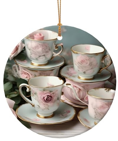 Tea Cups with Roses Romantic Christmas Ornaments 2024 Small Xmas Tree Decorations First Ceramic Mini Decorating Outdoor Hanging Ornaments