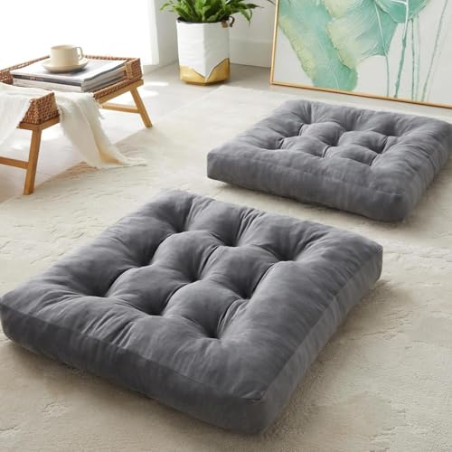 DAWNTREES Floor Pillow Set of 2, Square Large Pillows Seating for Adults, 55x55x10 cm Gray Tufted Corduroy Cushions for Outdoor Yoga Tatami Fireplace Living Room, Grey