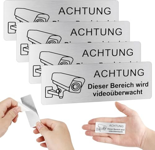 Tapvai 4 Stück Schild Videoüberwachung Schilder,Selbstklebend Aluminium Achtung VideoüBerwachung Schild,85mm×30mm Aluminium Hinweisschild Kamera Überwachung,für Innen und Außenbereich (Weiß)