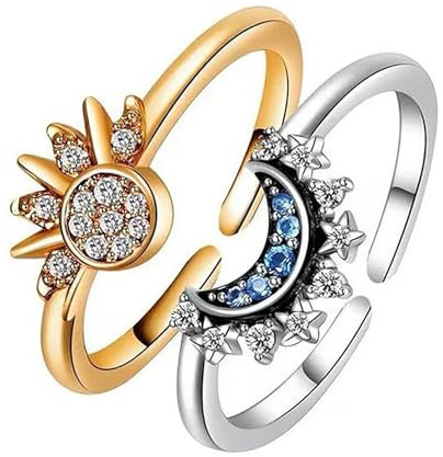 Set di anelli con sole e luna, set da donna in argento, anello a forma di cuore, anello regolabile in argento, gioielli da donna, regalo per fidanzata, Argento, Moissanite sintetica