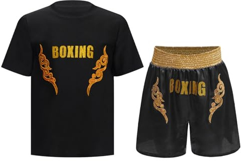 Oyolan Barn pojke boxning shorts och T-shirt boxningsset kampboxningsset Muay Thai MMA sparkar boxning outfit, B guld svart, 15-16 ans
