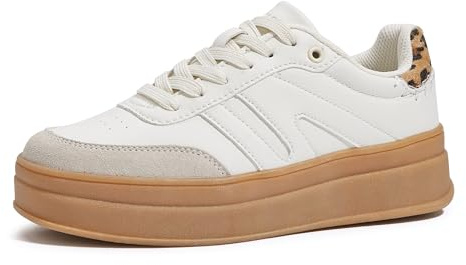 LUCKY STEP Plattform för kvinnor retro mode sneakers klassiska vardagliga tuggummisula skate tränare tennis promenadskor tjock sula trendiga skor, BEIgE, 39 EU