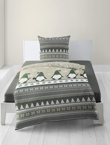Bierbaum Ropa de Cama 4051 de Franela de 100% algodón, diseño alemán, Color Verde 30, 135 x 200 + 80 x 80 cm
