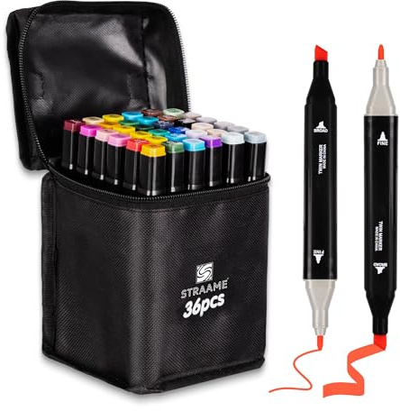 Straame Alcohol Markers – 36 Dual-Tip Pens, Fine (1mm) & Chisel (6mm) Nibs, Double-Ended Art Pens for Drawing, Sketching, Manga & Anime, With Durable Carry Case (Paint Markers - 36 pcs)