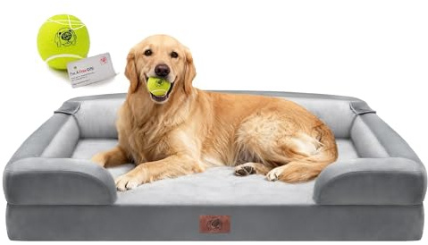 Extra Large Dog Bed, Orthopedic XL Washable Memory Foam Bed for Big Dogs Waterproof Pet Couch Sofa Bolster with Removable Cover, Non-Slip Bottom, Tennis Ball Toy, 42x30