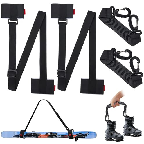 Yaunming Set of 2 Ski Carry Strap Set, Adjustable Shoulder Strap for Skis and Ski Poles, Alpine Ski Accessories, 65-120 cm Non-Slip Ski Carrier Carry Strap, with 2 Shoe Carry Handles