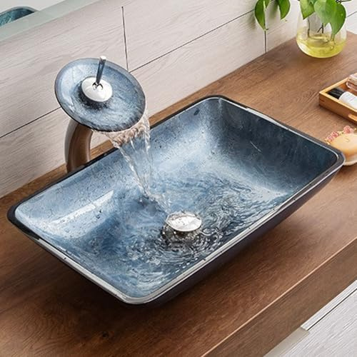 ZYCDP Lavabo Baño Vidrio Lavabo Sobre Encimera Rectangular Con Grifo 560 X 360 X 110mm Azul