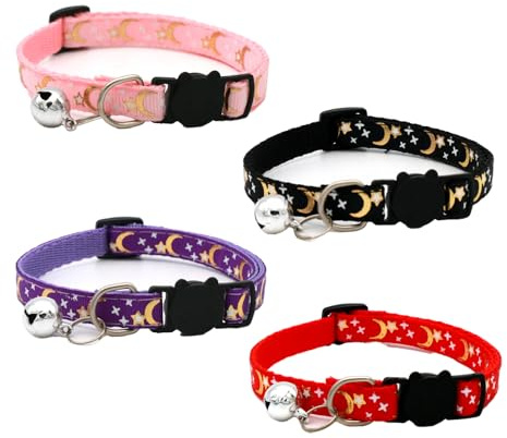 4 Pack Reflective Cat Collars with Bell, Quick Release, Moon Star