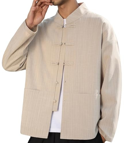RUMAOZIA Costume tang pour homme - Blazer en lin pour le printemps et l'été - Veste de costume simple - Bouton cranté - Veste avec poche - Style rétro traditionnel - Mélange coton et lin - Col montant