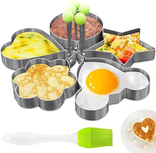 5 Pcs Pancake Molds for Griddle – Stainless Steel Heart Shaped Pancake Mold Set with Ring, Star, Cloud & Mouse Fun Shapes – Fried Egg Molds with Foldable Handles for Omelets, Egg Sandwiches & Pancakes