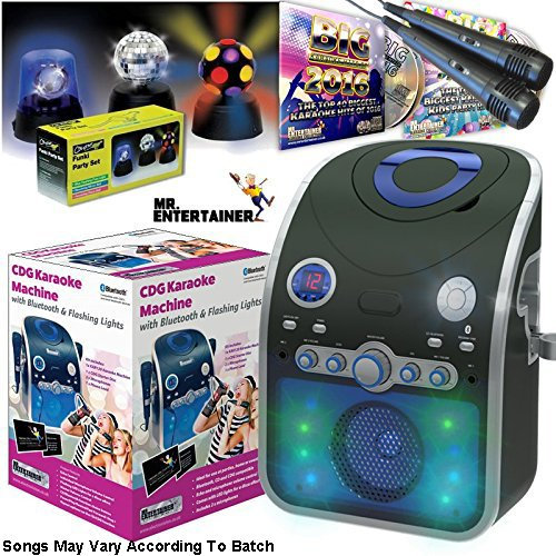 Mr Entertainer Bluetooth Home Karaoke Machine Package. Includes Party Disco Lights, Chart Hits & Kids CDG Songs and Two Mics