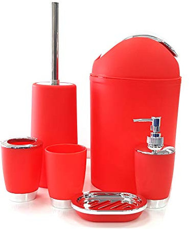 SHINE BATHROOM SET 6 PIECE ACCESSORY BIN SOAP DISH DISPENSER TUMBLER TOOTHBRUSH HOLDER RED COLOR