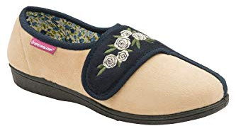DUNLOP - Femme Floral Imprimé Pantoufles en Mousse À Mémoire Chaussons avec Fermeture Velcro pour Personne agee (39 EU, Navy Cream)