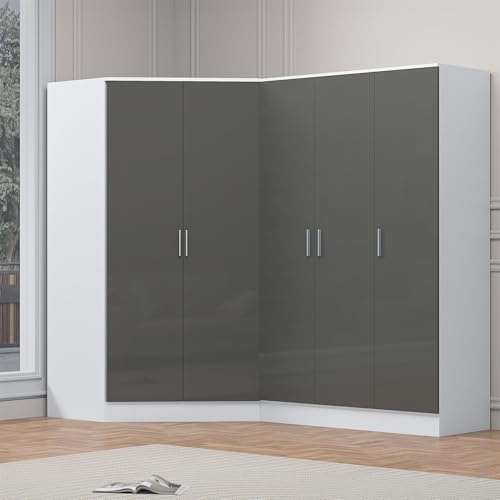 Reflect 2 Piece Wardrobe Bundle | 2 Door Corner + 3 Door Plain | Grey Gloss & Matt White Finish | H: 180cm x W: 215cm x D: 103cm | Modern Bedroom Furniture Storage Solution