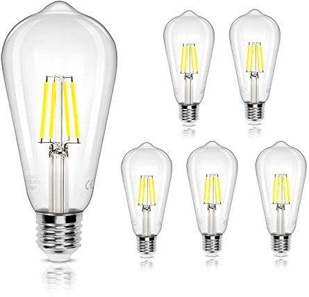 Aigostar Ampoule LED Filament E27,Blanc Froid 6500K,780LM,6W Equivalent à Ampoule Incandescente 58W,Rétro Ampoule LED ST64,Non-dimmable, Lot de 5