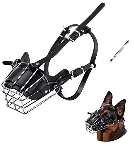 RYLTD Die Marke Yinrikom Hundemaulkorb, Metall Gesicht Korb Hund Maulkorb Atmungsaktiv Verstellbare Lederleine Geeignet für große mittlere Hunde. (M)