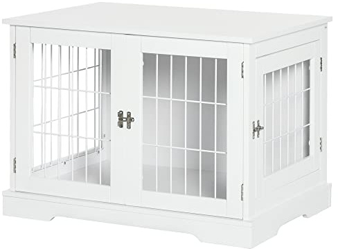PawHut Cage pour Chien Animaux 2 en 1 Table d'appoint Meuble Cage Chien intérieur avec 2 Portes verrouillables - dim. 76L x 54.5l x 56H cm - Métal et MDF