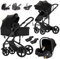 Prokoke Kinderwagen 3 in 1, Buggy mit Umkehrbarem Zwei-Wege-Schub, Kinderwagen mit Rahmen Aluminiumlegierung, Kombikinderwagen 3 in 1 mit Einem Klick Faltbar Kleinkind Baby Neugeborene (588 Black)