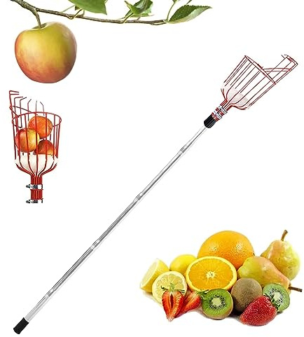 Recogedor de frutas telescópico, recogedor de frutas multiusos de acero inoxidable, barra larga para recoger frutas para huertos, recogedor de manzanas, recogedor de cerezas con bolsa de algodón