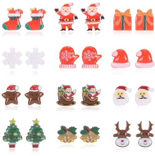Spiritlele 12 Pairs Christmas Magnetic Earrings Set Resin Clip on Non Piercing Fake Earrings for Women Party