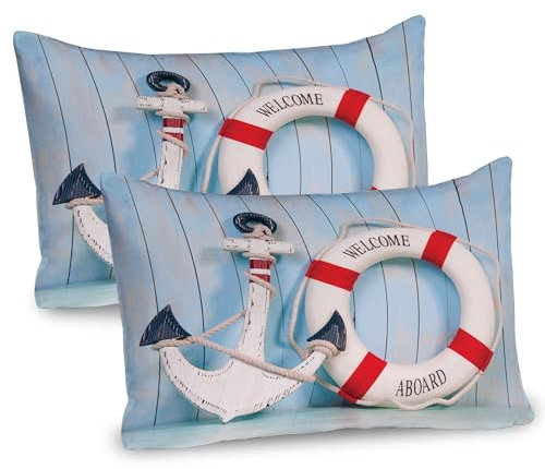 ABAKUHAUS Boje Kissenbezug Packung mit 2, Anker Leben Bojen Abstellgleis Vertikale auf Bretter klassischer Art, Dekorativer Standard Gedruckter Kissenbezug, 80 x 40 cm, Hellblau Marineblau Rot