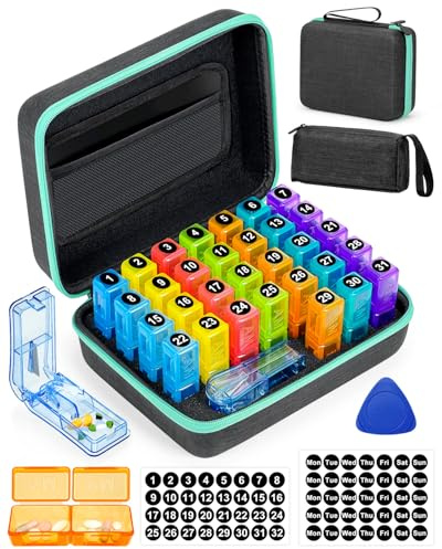 YONLOG Monthly Pill Organizer 2 Times a Day, with Portable Hard Shell, Pill Cutter, 31-Day Box, Plastic Opening Pick, Monthly & Weekly Stickers, Convenient Medication Management (Green, 2 Times a Day)