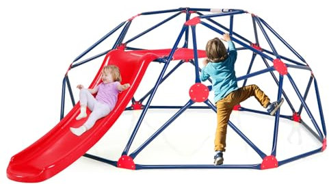 HOMASIS Struttura da Arrampicata per Bambini da Giardino a Cupola, Parco Giochi Bambini Esterno con Scivolo e Sedile, Scala da Arrampicata per Bambini dai 3-10 Anni, Portata fino a 280 kg (Rosso)