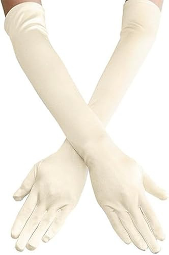Lansian Long Opera Party Gloves for Women 1920s 20s Satin Gloves Costumes Elbow Length Bridal Evening Dress, 22 inches (Cream White)