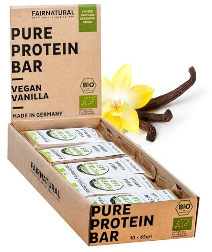 FAIRNATURAL® Protein Riegel Vegan Vanille [10x45G] - Vegane Whey Proteinriegel ohne Soja & zugesetztem Zucker - Eiweißriegel Herstellung in DE - Pflanzliche Energieriegel - Protein Bar - Snack Riegel