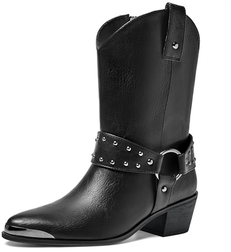 ErikenUrben Women Harness Cowboy Boots Metal Toe Block Heel Western Cowgirl Booties Studded Biker Boots Zip Black Size 41