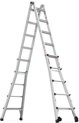 22 FT Aluminum Multi - Position Ladder,Step Ladder with Wheels: 300lbs Weight Rating, Versatile Configurations (A - Frame, Extension, Trestle - and - Plank, 90 - Degree Angle, Staircase)