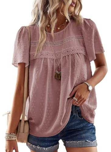 TUUHAW Tunica da Donna Boho Top Estivo Manica Corta Camicetta Pizzo Casual T-Shirt Girocollo Allentate Maglietta Elegante Bluse Rosa L