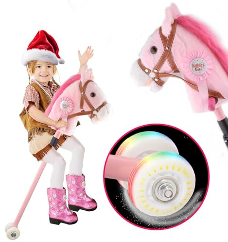 Horse Stick Toy, Hobby Horse on a Stick with Inflatable Stick Horse Glowing Silent Wheels Adjustable Length 30-51 inches Stick Pony Stick Horses for Kids with Realistic neighing Sound