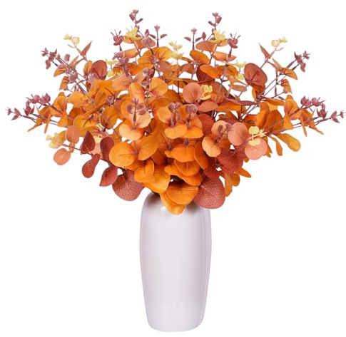 Wennala 8 pezzi di eucalipto decorazione autunnale fiori artificiali autunnali fiori artificiali, fiori artificiali, arancione, 35 cm, per decorazioni autunnali, composizioni floreali, festa del