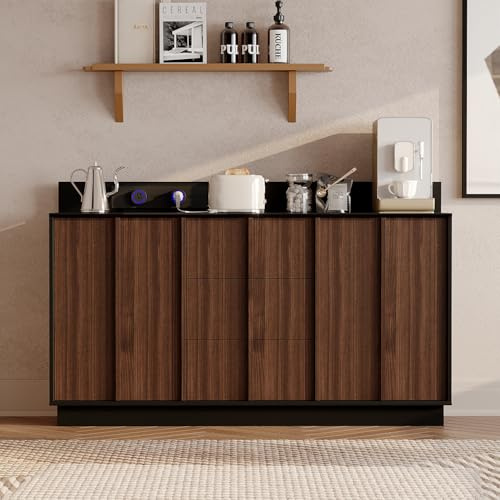 PREMTURE Sideboard mit Hochglanz-Schwarz & Holzoptik, 150 cm Aufbewahrungsschrank mit 3 Schubladen, 2 Türen, integrierter Steckdose & Kabelbox, Kommode aus Spanplatte/MDF, 92 cm hoch