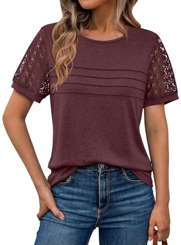 LILLUSORY Womens Tops Summer Lace Short Sleeve Ladies T Shirts UK WineRed L
