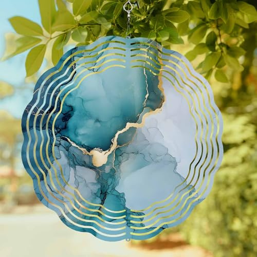 Abstract Natural Teal Marble Rock Wind Spinner for Garden Yard 3D Stainless Steel Hanging Wind Spinners, Watercolor Gradient Stone Spinners Outdoor Metal Decor for Lawn Patio Home