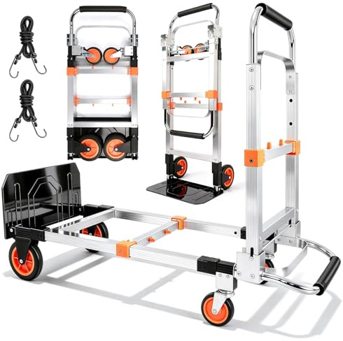 3 in 1 Aluminum Folding Hand Truck Dolly Cart with Wheels, Convertible Heavy Duty Dolly Cart, Collapsible Hand Trucks for Moving Furniture Shopping for Garden Home Office Warehouse,500lb Load(Orange)