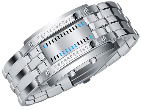 lyrlody Reloj Binario Hombre Digital Pulsera Tiempo Binario [Brand] Casual Deportes Luz Azul LED Pantalla Cuarzo 50M Resistente Agua Hebilla Acero Inoxidable para Hombre (Plata tamaño Grande)