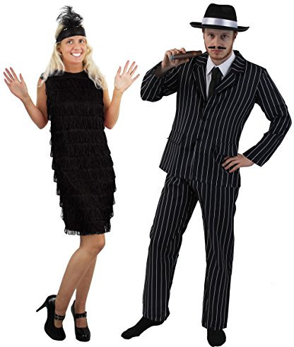 I LOVE FANCY DRESS 1920's=Gangster Paare= Halloween -Karneval -Fasching=NADELSTREIFEN Anzug IN 5 GRÖSSEN +Gangster Hut+ ZIGARRE+SCHNÄUTZER +FRANSEN Kleid+Stirnband+Feder = Anzug-XXL+Kleid/SCHWARZ-XL