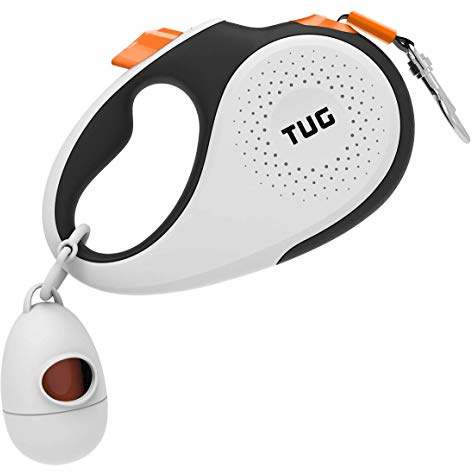 TUG 360° Tangle-Free Retractable Dog Leash with Waste Bag Dispenser (Small, White/Orange)