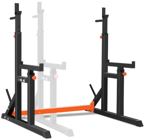 ISE Support Barre de Musculation Multifonction, Rack Squat avec Barres pour Haltères, Cage de Musculation en Acier, Rack Musculation Hauteur et Largeur Réglable, Cage Squat, Home Gym Noir et Rouge