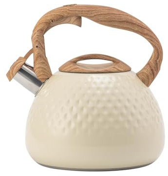 Stainless Steel Teapot with Wood Grain Handle, 2.8L Whistling Kettle Suitable for Gas Stove Induction Cooker Durable (White)